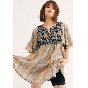 Free People Boho Dress Embroidered Floral Yellow Black Stripe Short Sleeve M